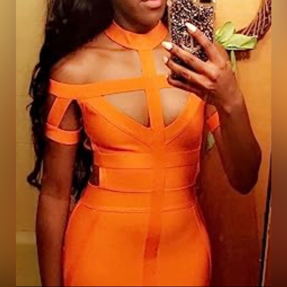 Rayon Off The Shoulder Cut Out Bandage Bodycon Party Dress Orange - Picture 6 of 6
